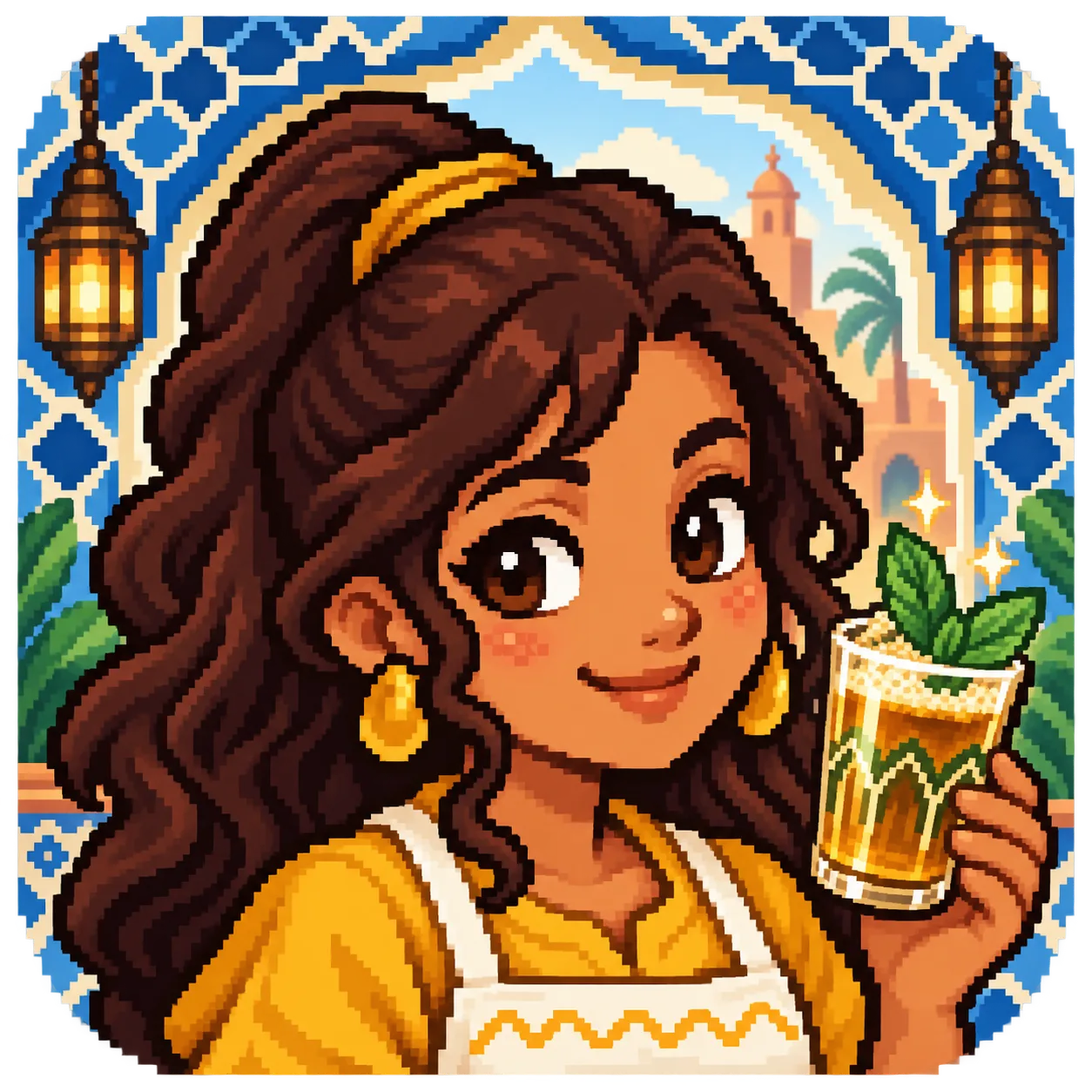 Zoubida, in her yellow blouse and apron, holding her mother's recipe notebook